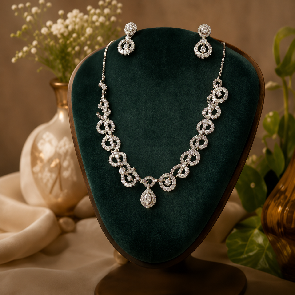 Elegant Diamond Jewelry On Velvet Stand